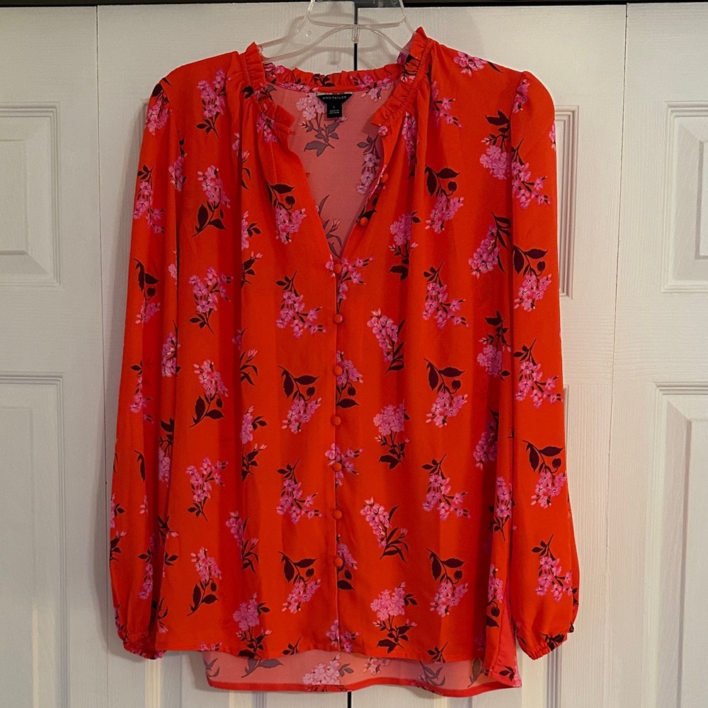 Ann Taylor Vibrant Red Blouse with Pink Floral Pattern